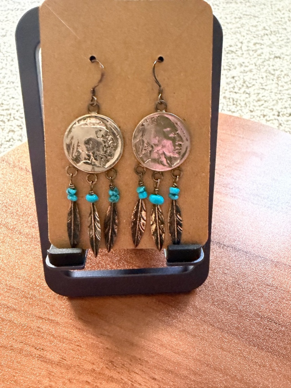 Boho Feather Buffalo Nickel Drop Earrings with Turquoise Beads
